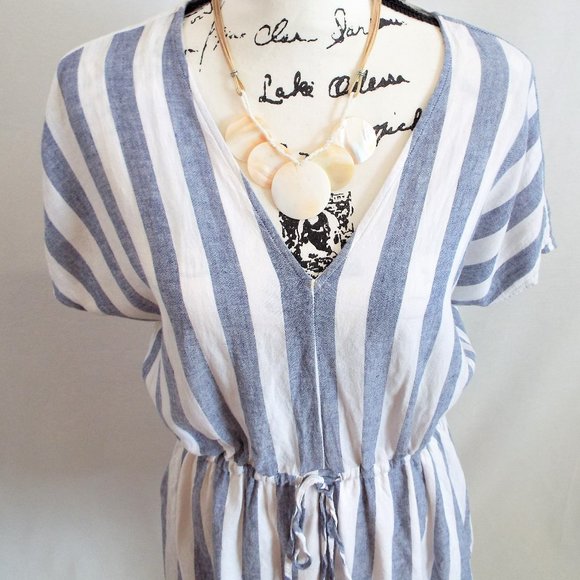 Rails Wren Seattle Linen Blend Blue & White V-Neck Striped Dress Sz Large - Picture 8 of 15